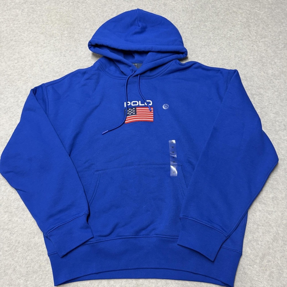Polo Ralph Lauren Hoodie Mens Medium Blue Fleece USA Flag Graphic Pullover